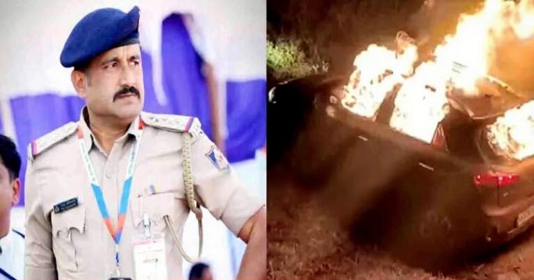 lokayukta police inspector dies after being trapped in burning car
